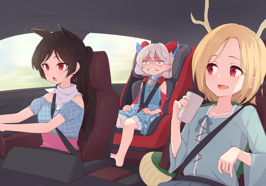 3girls :d anger_vein angry animal_ears bangs barefoot blonde_hair blush breasts brown_hair car_interior car_seat child_safety_seat collarbone commentary_request cup curled_horns dragon_girl dragon_horns dragon_tail driving earrings eyelashes flat_chest frustrated goat_horns highres holding holding_cup horizontal_pupils horns horse_ears horse_girl jewelry kanpa_(campagne_9) kicchou_yachie kurokoma_saki long_hair long_sleeves looking_afar looking_at_another medium_breasts medium_hair multiple_girls off-shoulder_shirt off_shoulder open_mouth pointy_ears ponytail puffy_short_sleeves puffy_sleeves red_eyes seat seatbelt sharp_teeth shirt short_hair short_sleeves sidelocks silver_hair sitting smile steering_wheel tail teeth touhou toutetsu_yuuma white_bandana wide_sleeves window