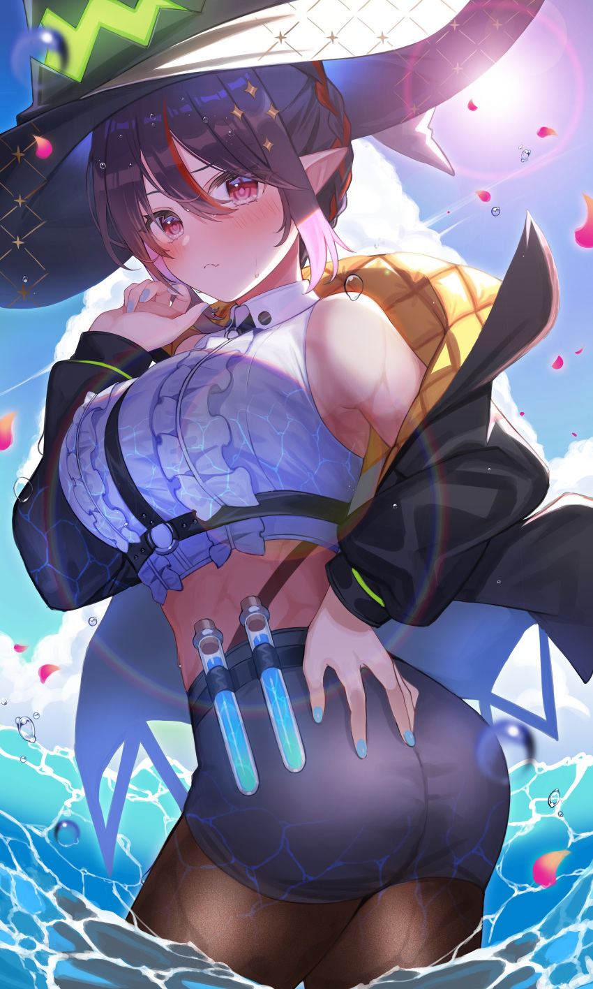1girl absurdres amahara_subaru bangs black_hair black_headwear black_jacket blue_nails blush breasts brown_legwear center_frills chest_harness closed_mouth clouds collared_shirt cowboy_shot day frills hair_between_eyes hand_on_own_ass harness hat highres indie_virtual_youtuber isonade_orca jacket large_breasts long_sleeves looking_at_viewer multicolored_hair nail_polish open_clothes open_shirt outdoors pantyhose pointy_ears red_eyes redhead shirt short_hair short_shorts shorts sitting sleeveless sleeveless_shirt solo streaked_hair test_tube twisted_torso wading water white_shirt witch_hat