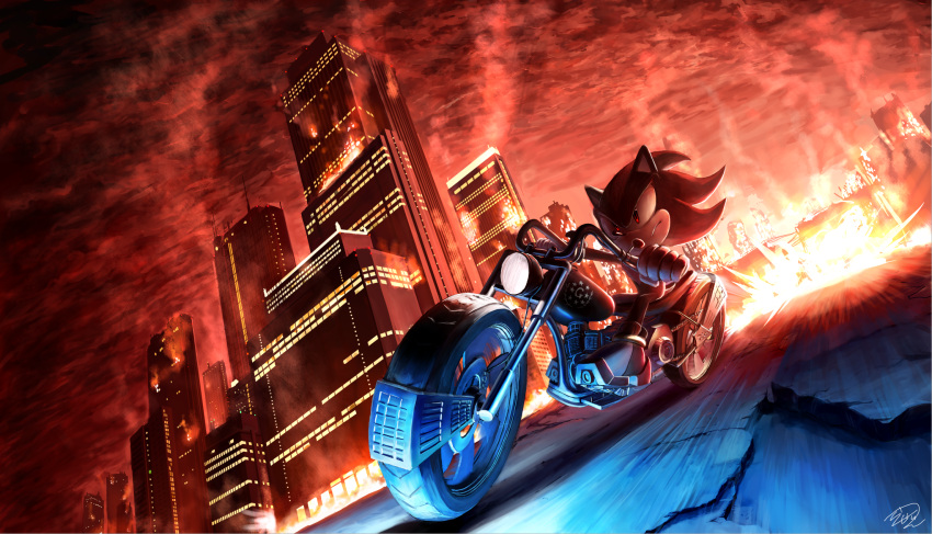 1boy city closed_mouth explosion fire gloves ground_vehicle highres motor_vehicle motorcycle on_motorcycle rasein red_eyes red_sky scenery shadow_the_hedgehog shadow_the_hedgehog_(game) sky solo sonic_(series) white_gloves