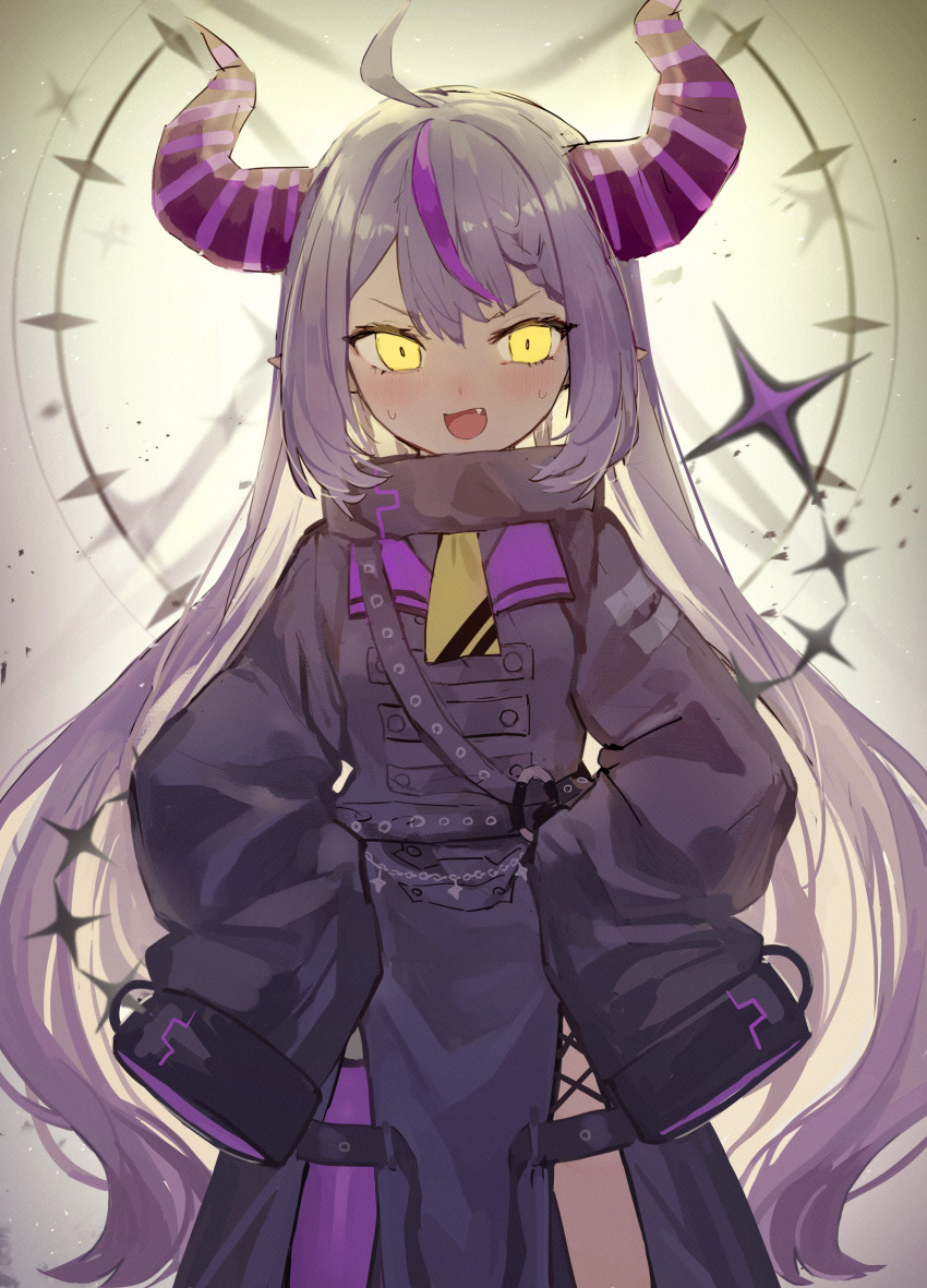 1girl :d absurdres ahoge ascot bangs black_dress blush collar cowboy_shot demon_horns dress fang hands_on_hips highres hololive horns la+_darknesss long_hair long_sleeves looking_at_viewer metal_collar mr.lime multicolored_hair pointy_ears purple_hair purple_legwear silver_hair single_thighhigh sleeves_past_fingers sleeves_past_wrists smile solo standing streaked_hair tail tail_raised thigh-highs very_long_hair virtual_youtuber yellow_ascot yellow_eyes