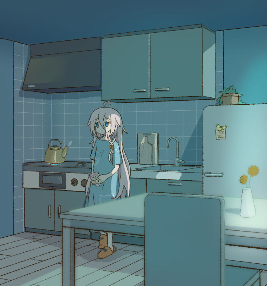 1girl ahoge blue_dress blue_eyes braid cabinet cevio chair commentary cup cutting_board dress faucet flower holding holding_cup husahusa3232 ia_(vocaloid) indoors kettle kitchen leaning_back long_hair pink_hair plant potted_plant ramen refrigerator scenery side_braid sink slippers solo steam stove table vase very_long_hair vocaloid waiting wide_shot wooden_floor