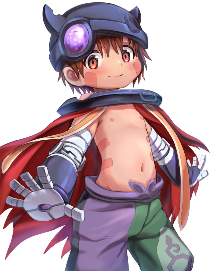 1boy aqualitas child commentary_request dark-skinned_male dark_skin headgear highres made_in_abyss male_focus mechanical_parts regu_(made_in_abyss) smile solo topless_male