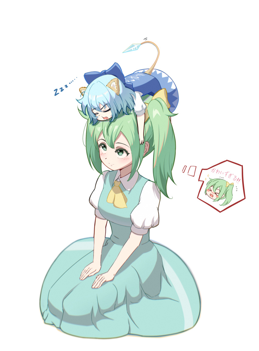&gt;_&lt; 2girls :d absurdres animal_ears ascot blue_bow blue_dress blue_hair blush blush_stickers bow breasts cat_ears cat_tail chibi chibi_on_head cirno closed_eyes colored_eyelashes commentary_request crystal daiyousei dress drooling esthoric eyelashes green_eyes green_hair hair_between_eyes hair_bow highres ice kemonomimi_mode looking_up medium_breasts minigirl multiple_girls no_wings on_head open_mouth person_on_head puffy_short_sleeves puffy_sleeves seiza shirt short_hair short_sleeves side_ponytail simple_background sitting sleeping smile tail thought_bubble touhou translation_request white_background white_shirt xd yellow_ascot yellow_bow zzz