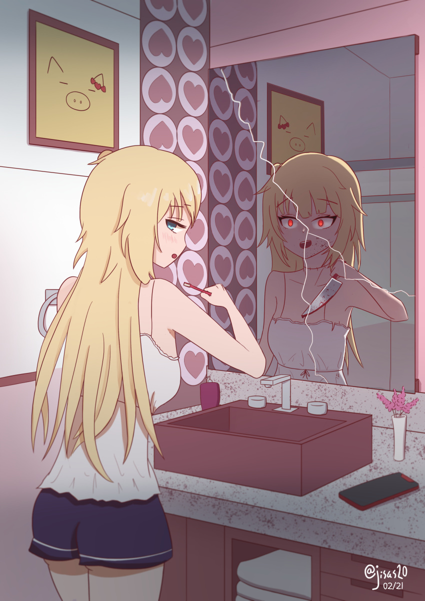 1girl absurdres akai_haato bangs blonde_hair blood blood_on_face blood_on_knife blue_eyes blush broken_mirror brushing_teeth cameo cellphone commentary dark_persona dated different_reflection dual_persona eyebrows_visible_through_hair haaton_(akai_haato) hair_ornament heart heart_hair_ornament highres holding holding_knife hololive jisas knife long_hair looking_at_viewer looking_back mirror open_mouth phone red_eyes reflection sink smartphone stitched_neck toothbrush twitter_username virtual_youtuber