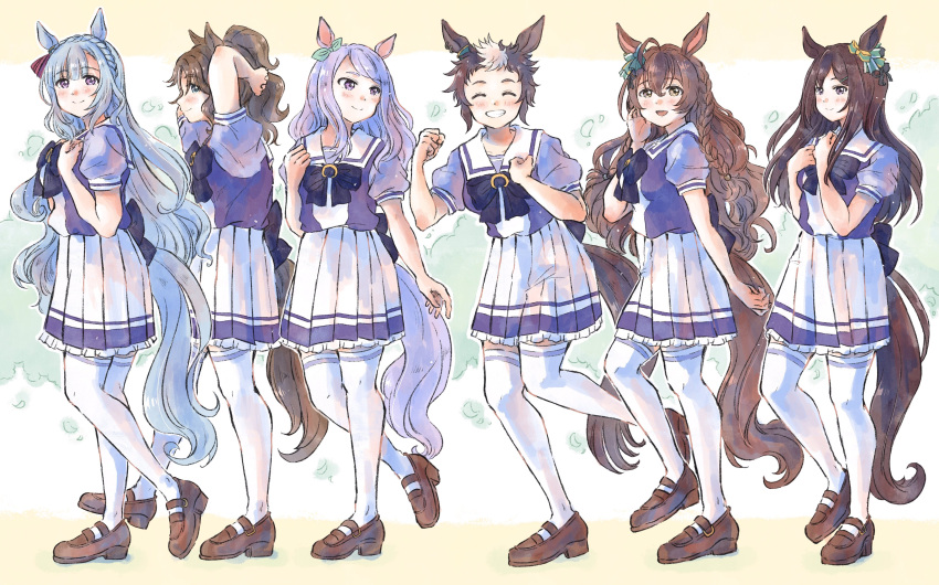 6+girls absurdres ahoge animal_ears arms_behind_head blush bow bowtie braid brown_eyes brown_hair closed_eyes cousins crown_braid ear_bow eyebrows_visible_through_hair frilled_skirt frills green_eyes hand_up highres horse_ears horse_girl horse_tail horseshoe_ornament light_blue_hair loafers long_hair mejiro_ardan_(umamusume) mejiro_bright_(umamusume) mejiro_dober_(umamusume) mejiro_mcqueen_(umamusume) mejiro_palmer_(umamusume) mejiro_ryan_(umamusume) multiple_girls nukakonoe own_hands_clasped own_hands_together pleated_skirt ponytail puffy_short_sleeves puffy_sleeves purple_bow purple_bowtie purple_hair purple_shirt sailor_collar sailor_shirt school_uniform serafuku shirt shoes short_hair short_sleeves skirt smile summer_uniform tail thigh-highs tracen_school_uniform umamusume violet_eyes white_hair white_legwear white_skirt