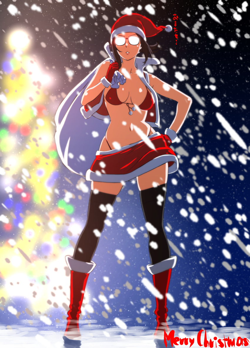 1girl absurdres bikini black_legwear blurry blurry_background boots breasts christmas commentary cropped_jacket english_commentary english_text frown full_body fur-trimmed_jacket fur-trimmed_skirt fur_trim glasses gloves hat highleg highleg_bikini highres holding holding_sack jacket kakitama looking_at_viewer medium_breasts merry_christmas navel night opaque_glasses open_clothes open_jacket original outdoors over_shoulder parted_lips red_bikini red_footwear red_gloves red_headwear red_jacket red_skirt sack santa_boots santa_costume santa_gloves santa_hat skindentation skirt snowing solo standing swimsuit thigh-highs wind