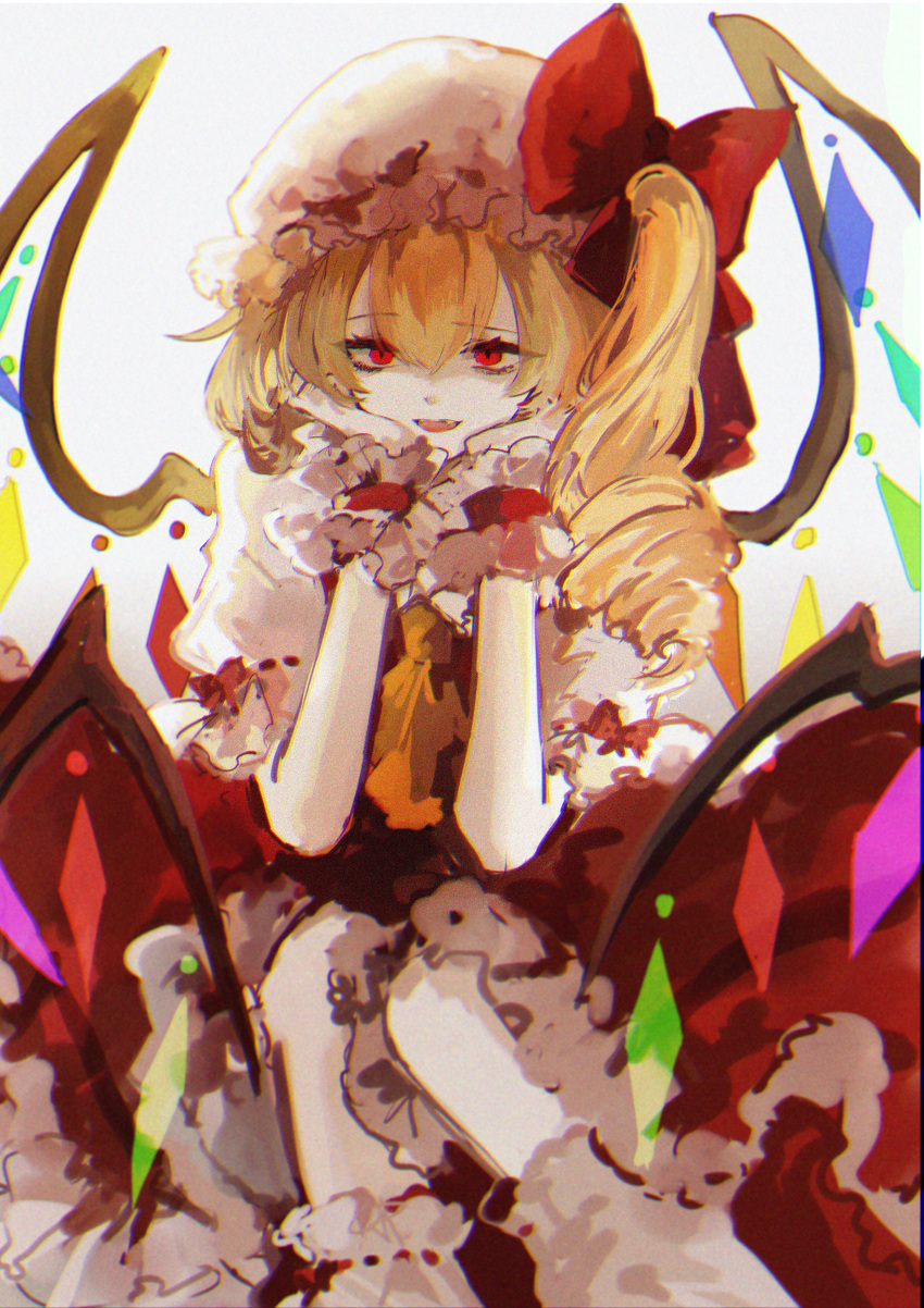 1girl absurdres ascot bangs blonde_hair blurry bow canothy chromatic_aberration crystal curly_hair depth_of_field dress eyebrows_visible_through_hair eyes_visible_through_hair feet_out_of_frame flandre_scarlet hair_between_eyes hair_bow hands_on_own_cheeks hands_on_own_face hands_up hat head_rest highres light_smile looking_at_viewer medium_hair mob_cap one_side_up parted_lips petticoat red_bow red_dress red_eyes simple_background sitting solo touhou white_background white_headwear wings wrist_cuffs yellow_ascot