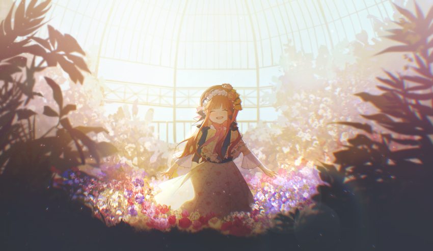 1girl ^_^ absurdres arms_at_sides aruhi_ohimesama_ni_natteshimatta_ken_ni_tsuite bangs blurry blush bow brown_hair capelet closed_eyes day depth_of_field dome dress facing_viewer floral_print flower flower_wreath frilled_sleeves frills garden greenhouse hair_flower hair_ornament happy head_wreath highres indoors jennette_margarita laughing long_hair long_sleeves pink_bow pink_flower pink_rose plant purple_flower red_flower red_rose ribbon rose see-through_silhouette sleeves_past_elbows smile solo standing straight-on straight_hair white_flower xuanqing0726 yellow_flower