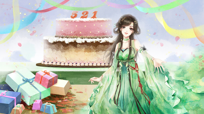 1girl baiguio_(zhu_xian) bi_yao_zhuye cake china_dress chinese_clothes dress food gift green_dress hair_ornament hair_rings highres long_hair long_sleeves smile streamers zhu_xian