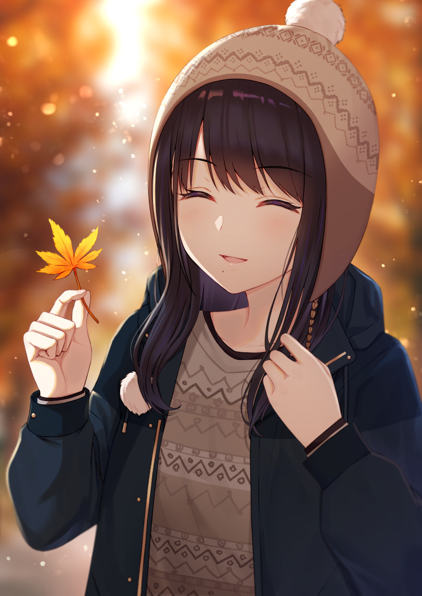 1girl :o absurdres autumn autumn_leaves bangs beanie beige_headwear black_hair black_jacket blurry blurry_background closed_eyes eyebrows_visible_through_hair hat highres idolmaster idolmaster_shiny_colors jacket kazano_hiori leaf light_blush light_particles long_hair miyar2d2 mole mole_under_mouth open_mouth outdoors smile solo sweatshirt tree upper_body