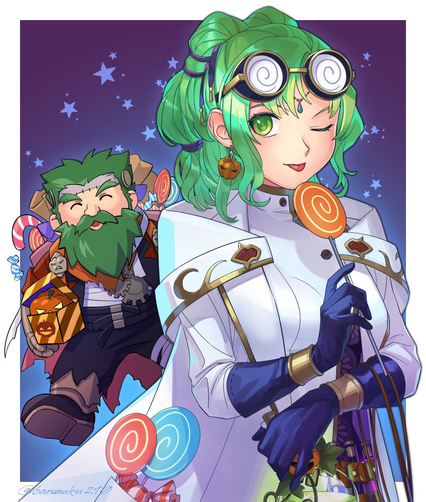 1boy 1girl a_(user_vtsy8742) bangs beard black_gloves brown_footwear candy closed_eyes coat dozla_(fire_emblem) earrings facial_hair fire_emblem fire_emblem:_the_sacred_stones fire_emblem_heroes food gloves green_eyes green_hair halloween halloween_costume highres holding holding_candy holding_food holding_lollipop jack-o'-lantern jewelry l'arachel_(fire_emblem) lollipop official_alternate_costume one_eye_closed tied_hair tongue tongue_out twitter_username white_coat