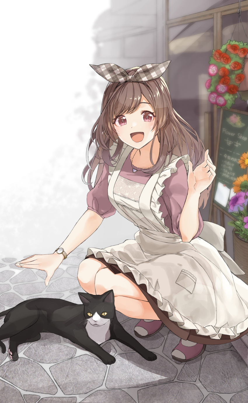 1girl :d absurdres apron breasts brown_hair cat commentary_request flower flower_pot highres idolmaster idolmaster_shiny_colors jewelry large_breasts long_hair looking_at_viewer necklace open_mouth outdoors pekoni_(peconi) road shirt shoes sign skirt smile solo squatting tsukioka_kogane violet_eyes watch watch waving