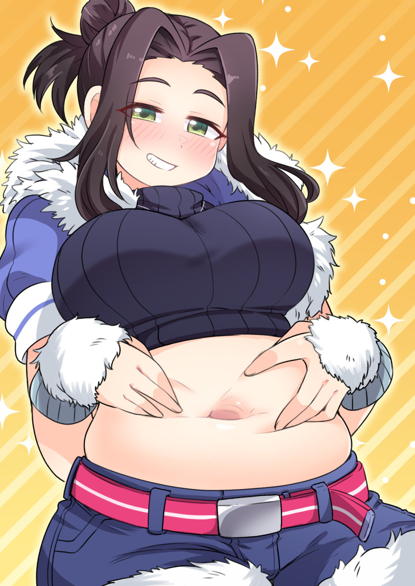 1girl amagaeru_(hylathewet) belly belly_grab belt black_hair blush breasts commission ebihara_naho fur-trimmed_shorts fur-trimmed_sleeves fur_trim green_eyes grin highres idolmaster idolmaster_cinderella_girls large_breasts navel orange_background pink_belt plump shorts skeb_commission smile solo spread_navel two-tone_background yellow_background