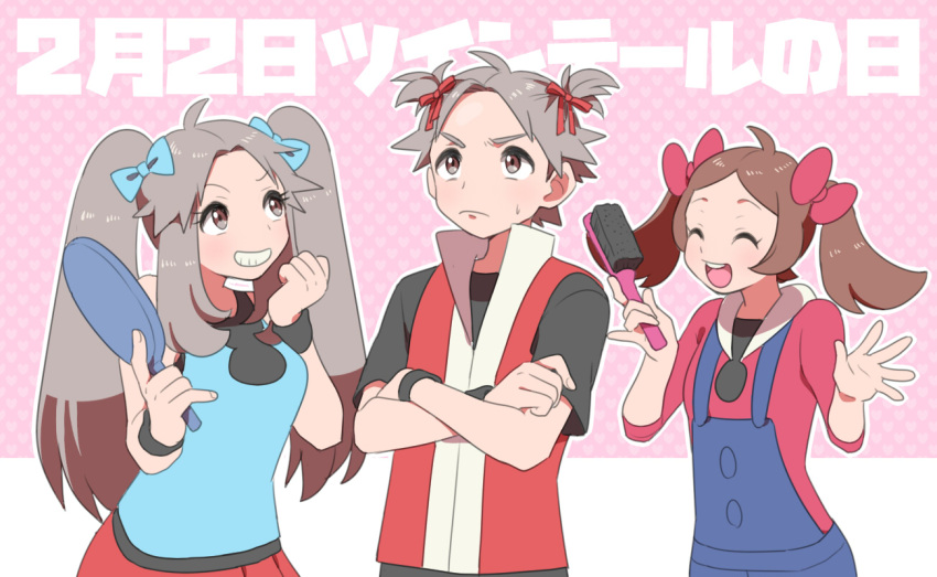 1boy 2girls alternate_hairstyle black_wristband blue_overalls blue_shirt brown_eyes brown_hair closed_mouth commentary_request crossed_arms frown grin hair_flaps hands_up holding holding_hair_brush holding_mirror leaf_(pokemon) long_hair looking_up lyra_(pokemon) mirror multiple_girls outline overalls pleated_skirt pokemon pokemon_(game) pokemon_frlg pokemon_hgss pumpkinpan red_(pokemon) red_shirt red_skirt shirt skirt sleeveless sleeveless_shirt smile spread_fingers sweatdrop teeth twintails wristband