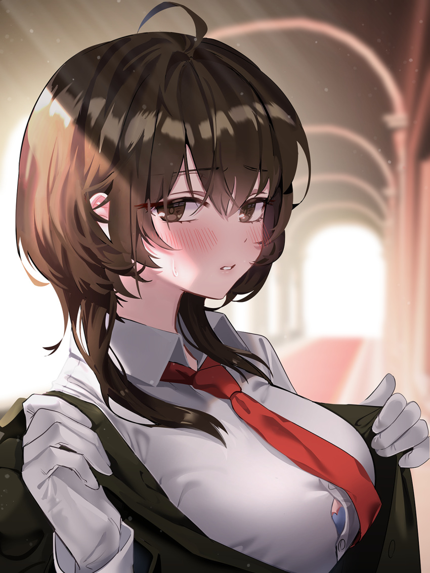1girl ahoge arch bangs blue_bra blurry blurry_background blush bra bra_peek breasts brown_eyes brown_hair butler button_gap carpet character_request collared_shirt commentary_request copyright_request embarrassed eyebrows_visible_through_hair formal gloves highres jacket korean_commentary large_breasts light_particles long_sleeves looking_at_viewer necktie parted_lips pillar red_carpet red_necktie removing_jacket s2mias2 shirt short_hair_with_long_locks sidelocks solo sunlight sweatdrop teeth underwear upper_body white_gloves white_shirt