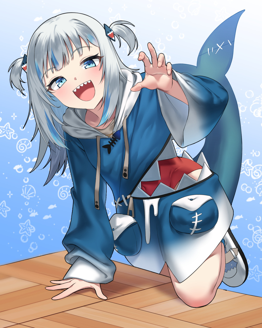 1girl :d absurdres blue_background blue_eyes blue_hair blue_hoodie blush claw_pose commentary english_commentary eyebrows_visible_through_hair fish_tail foot_out_of_frame gawr_gura hair_ornament highres hololive hololive_english hood hoodie knee_up long_hair looking_at_viewer multicolored_hair open_mouth patterned_background shark_hair_ornament shark_tail sharp_teeth shoes short_twintails silver_hair smile solo standing standing_on_one_leg stitches streaked_hair table tail teeth twintails two-tone_hair two_side_up upper_teeth virtual_youtuber white_footwear ybee