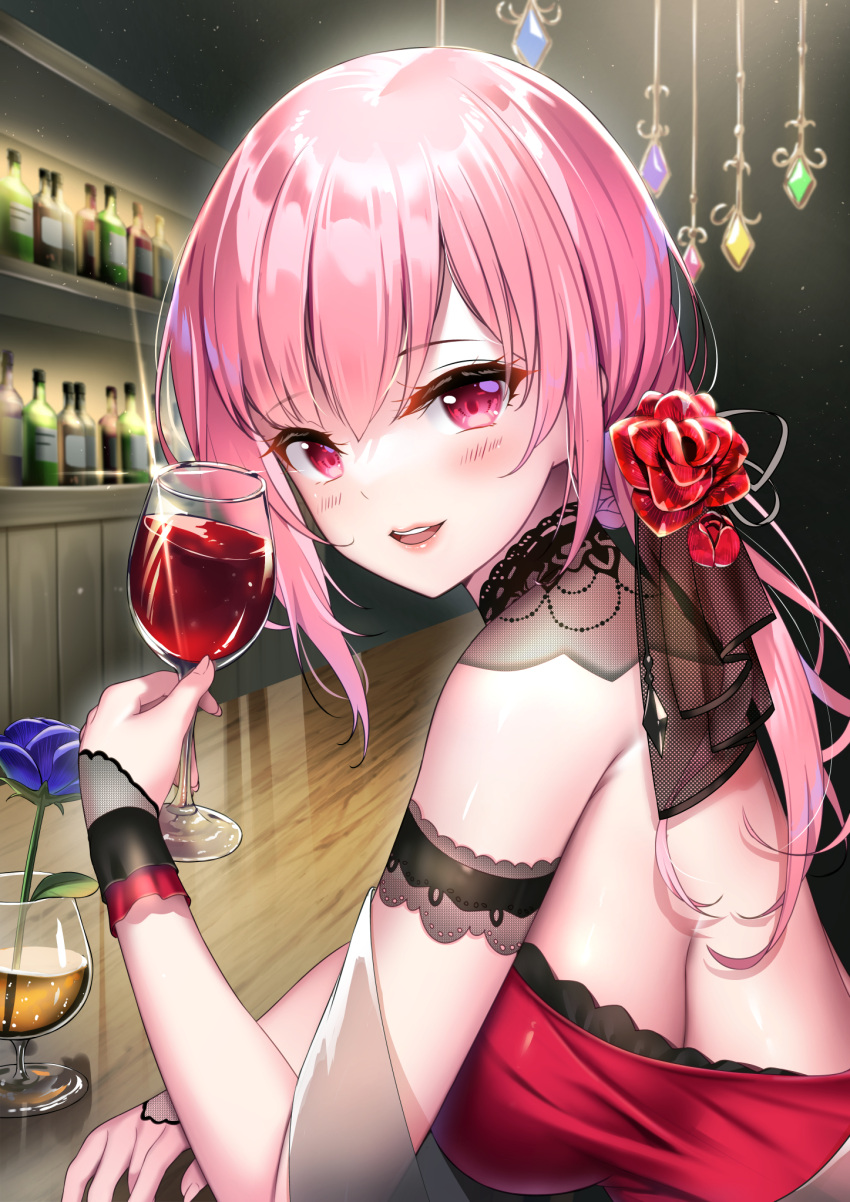 1girl alcohol bangs blue_flower blue_rose blush bottle breasts commentary cup dress drinking_glass eyebrows_visible_through_hair flower from_side hair_between_eyes highres holding holding_cup hololive hololive_english looking_at_viewer looking_to_the_side medium_breasts mori_calliope pink_hair red_dress red_eyes red_flower rose smile solo teeth upper_body upper_teeth virtual_youtuber wine wine_glass yan_(nicknikg)