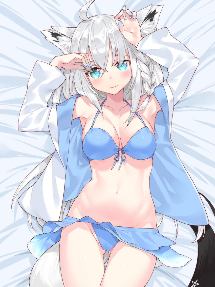 1girl ahoge animal_ear_fluff animal_ears ass_visible_through_thighs bikini blue_bikini blue_eyes blue_nails braid breasts closed_mouth collarbone commentary_request fingernails fox_ears fox_girl fox_tail highres hololive jacket long_hair long_sleeves looking_at_viewer lying medium_breasts navel on_back open_clothes open_jacket shirakami_fubuki silver_hair single_braid smile solo swimsuit tail virtual_youtuber waterring white_jacket