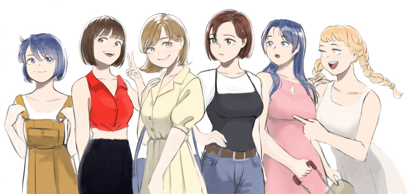6+girls absurdres agent_aika ai_(agent_aika) aika_(series) alternate_costume ayumi_(agent_aika) azelweien bag bangs belt black_delmo blonde_hair blue_eyes blue_hair braid breasts brown_eyes brown_hair camisole casual collarbone commentary denim dress english_commentary eri_(agent_aika) hand_on_hip hand_up highres lineup long_hair looking_at_viewer multiple_girls open_mouth overalls pink_dress red_shirt redhead revision rika_(agent_aika) saori_(agent_aika) shirt short_hair sketch smile teeth traditional_media twin_braids upper_teeth v white_dress white_shirt yellow_eyes yuki_(agent_aika)