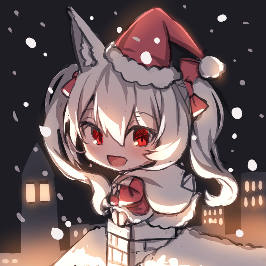 1girl :d animal_ear_fluff animal_ears bangs barefoot bow chibi chimney commentary_request dress eyebrows_visible_through_hair fox_ears fox_girl fox_tail fur-trimmed_dress fur-trimmed_headwear fur_trim grey_hair hair_between_eyes hair_bow hat highres long_hair looking_at_viewer night night_sky original outdoors red_bow red_dress red_eyes rooftop santa_costume santa_hat sitting sky smile snow snowing solo tail twintails very_long_hair yuuji_(yukimimi)