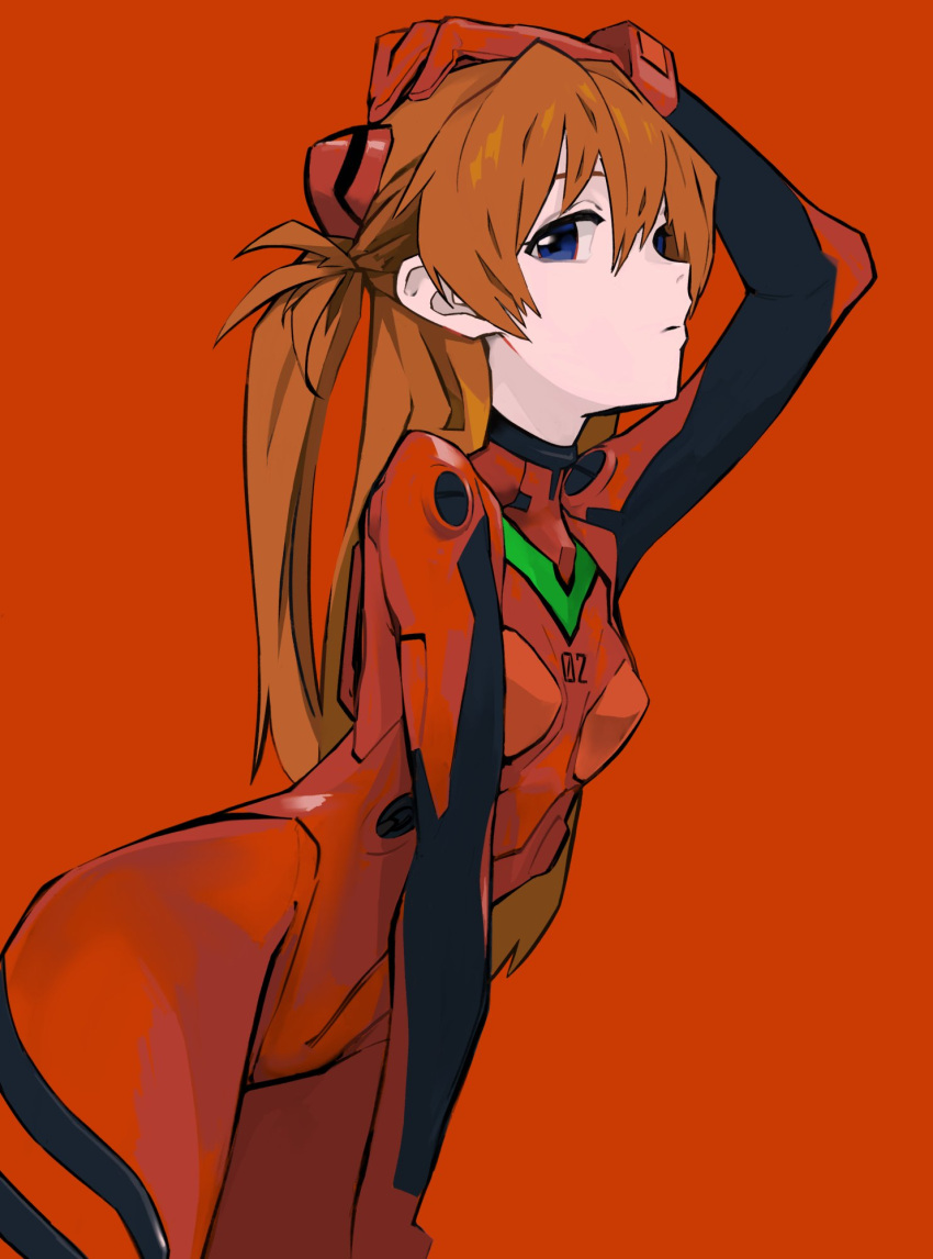 1girl arm_up blue_eyes brown_hair closed_mouth commentary daydremec gloves hand_on_own_head highres long_hair looking_at_viewer neon_genesis_evangelion plugsuit red_background red_gloves simple_background solo souryuu_asuka_langley turtleneck twintails