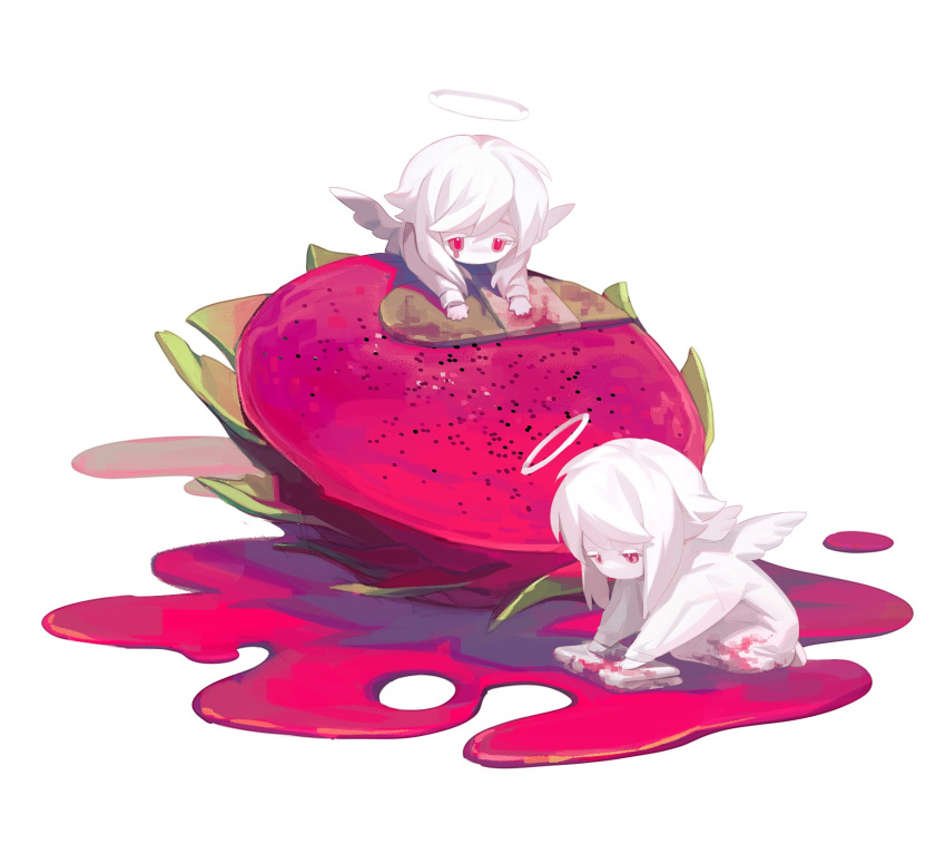 2others albino androgynous angel angel_wings bandaid bangs chibi cleaning commentary_request dragon_fruit food food_on_face halo highres juice long_sleeves multiple_others original outstretched_arms oversized_food oystermiao pale_skin rag red_eyes seiza sidelocks simple_background sitting white_background white_hair white_wings wings