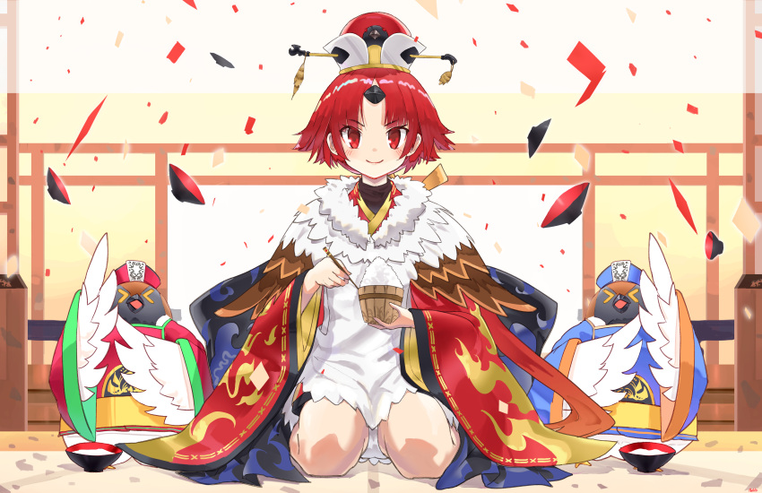&gt;_&lt; 1girl absurdres apron benienma_(fate) bird bowl chopsticks confetti fate/grand_order fate_(series) hat highres melt_(ghfla10) red_eyes redhead rice rice_bowl seiza sitting smile sparrow wide_sleeves