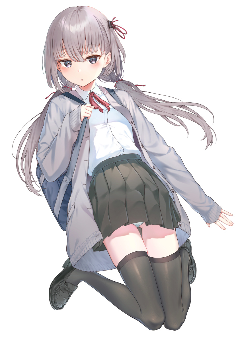 1girl bag bangs black_footwear black_legwear black_skirt blush cardigan commentary_request crossed_bangs eyelashes full_body grey_cardigan grey_eyes grey_hair hair_ribbon hand_up highres leaning_back loafers long_hair looking_at_viewer low_twintails namikishiho neck_ribbon open_mouth original panties pantyshot pleated_skirt red_ribbon revision ribbon school_bag school_uniform shadow shiny shiny_hair shirt shoes simple_background skirt sleeves_past_wrists solo thigh-highs twintails underwear white_background white_panties white_shirt zettai_ryouiki