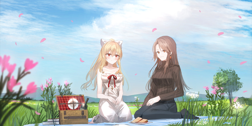 2girls absurdres bangs barefoot black_legwear black_pants blanket blonde_hair blue_sky blurry blurry_foreground blush bow breasts brown_hair brown_sweater chihuri closed_mouth clouds cloudy_sky commentary_request day depth_of_field dress eyebrows_visible_through_hair flower food granblue_fantasy hair_between_eyes hair_bow highres katalina_(granblue_fantasy) long_hair medium_breasts mountain multiple_girls no_shoes outdoors pants parted_bangs parted_lips petals picnic picnic_basket pink_flower plate ponytail red_eyes ribbed_sweater sandwich sky sleeveless sleeveless_dress smile socks sweater very_long_hair vira_(granblue_fantasy) white_bow white_dress white_flower yuri