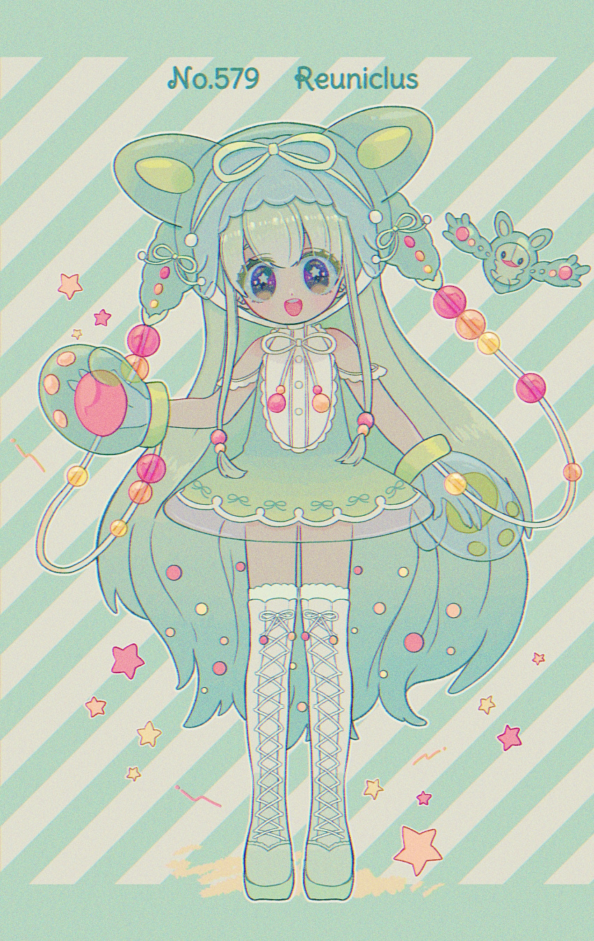 1girl absurdres blush boots character_name cross-laced_footwear full_body green_footwear green_hair highres lace-up_boots long_hair looking_at_viewer mameeekueya open_mouth personification pokemon pokemon_(creature) reuniclus smile star-shaped_pupils star_(symbol) symbol-shaped_pupils teeth thigh-highs thigh_boots upper_teeth very_long_hair