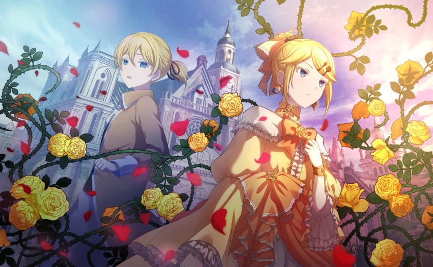 aku_no_meshitsukai_(vocaloid) allen_avadonia blonde_hair blue_eyes castle cosplay costume_switch crossdressing dress evillious_nendaiki expressionless flower frilled_sleeves frills hair_ornament hairclip hand_up highres kagamine_len kagamine_rin looking_back off-shoulder_dress off_shoulder official_art project_sekai ribbon riliane_lucifen_d'autriche rose siblings thorns vocaloid yellow_flower yellow_rose