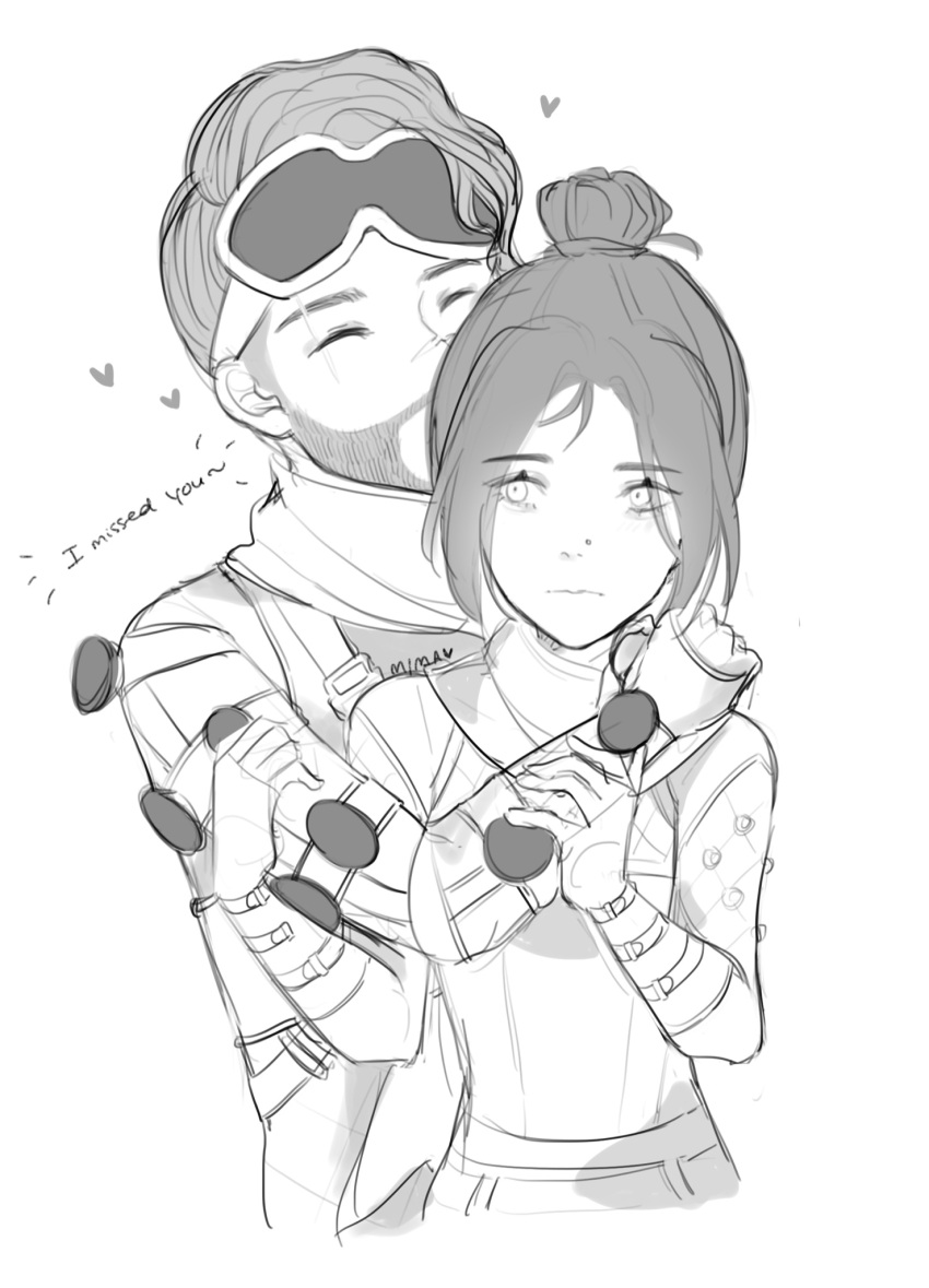 1boy 1girl ^_^ apex_legends bangs closed_eyes couple english_text gloves goggles goggles_on_head greyscale hair_bun heart hetero highres hug hug_from_behind itsaboutspoons kiss looking_to_the_side mirage_(apex_legends) monochrome scar scar_across_eye scarf smile white_background wraith_(apex_legends)