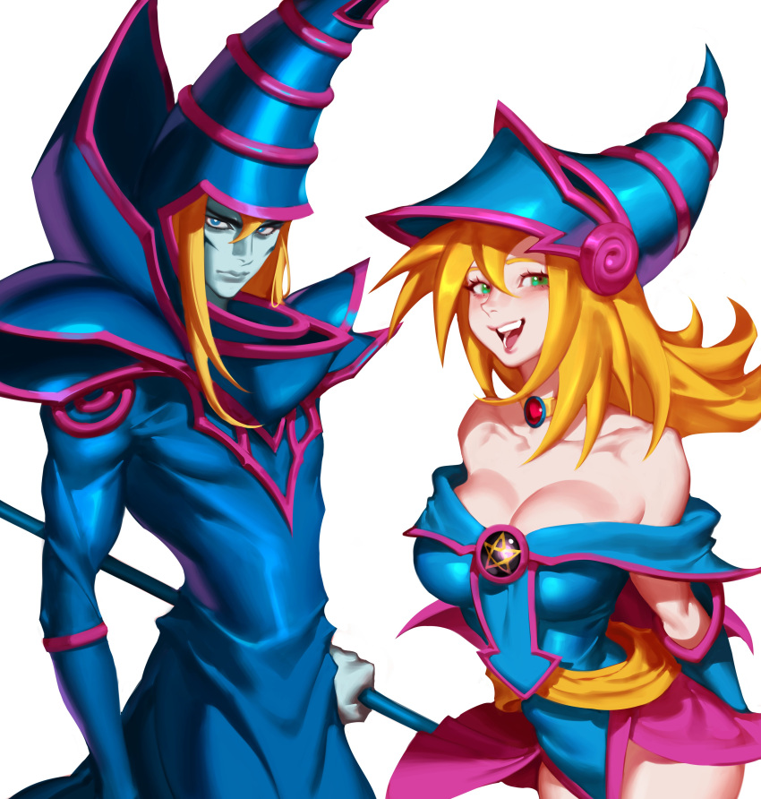 1boy 1girl absurdres arms_behind_back bare_shoulders blonde_hair blue_eyes blue_headwear blush bright_pupils choker closed_mouth collarbone colored_skin dark_magician dark_magician_girl facial_mark gold_choker green_eyes green_skin hair_between_eyes highres holding holding_staff holding_weapon long_hair looking_at_viewer off_shoulder open_mouth pentagram smile staff teeth tongue weapon white_pupils witch wizard yu-gi-oh! zelus