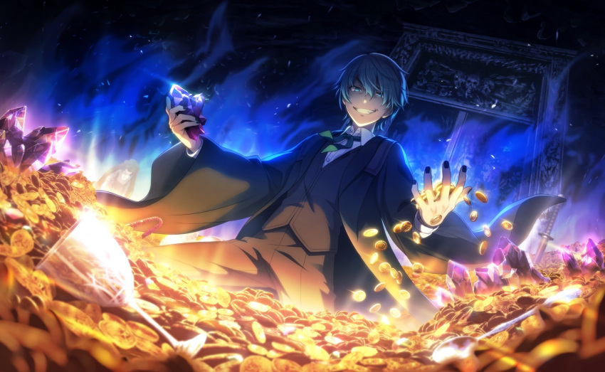 1boy akutoku_no_judgement_(vocaloid) blue_eyes blue_fire blue_hair clockworker's_doll coin cup drinking_glass evil_grin evil_smile evillious_nendaiki fire gallerian_marlon grin highres judge kaito_(vocaloid) official_art project_sekai shaded_face smile solo spoon sword treasure vocaloid weapon wine_glass