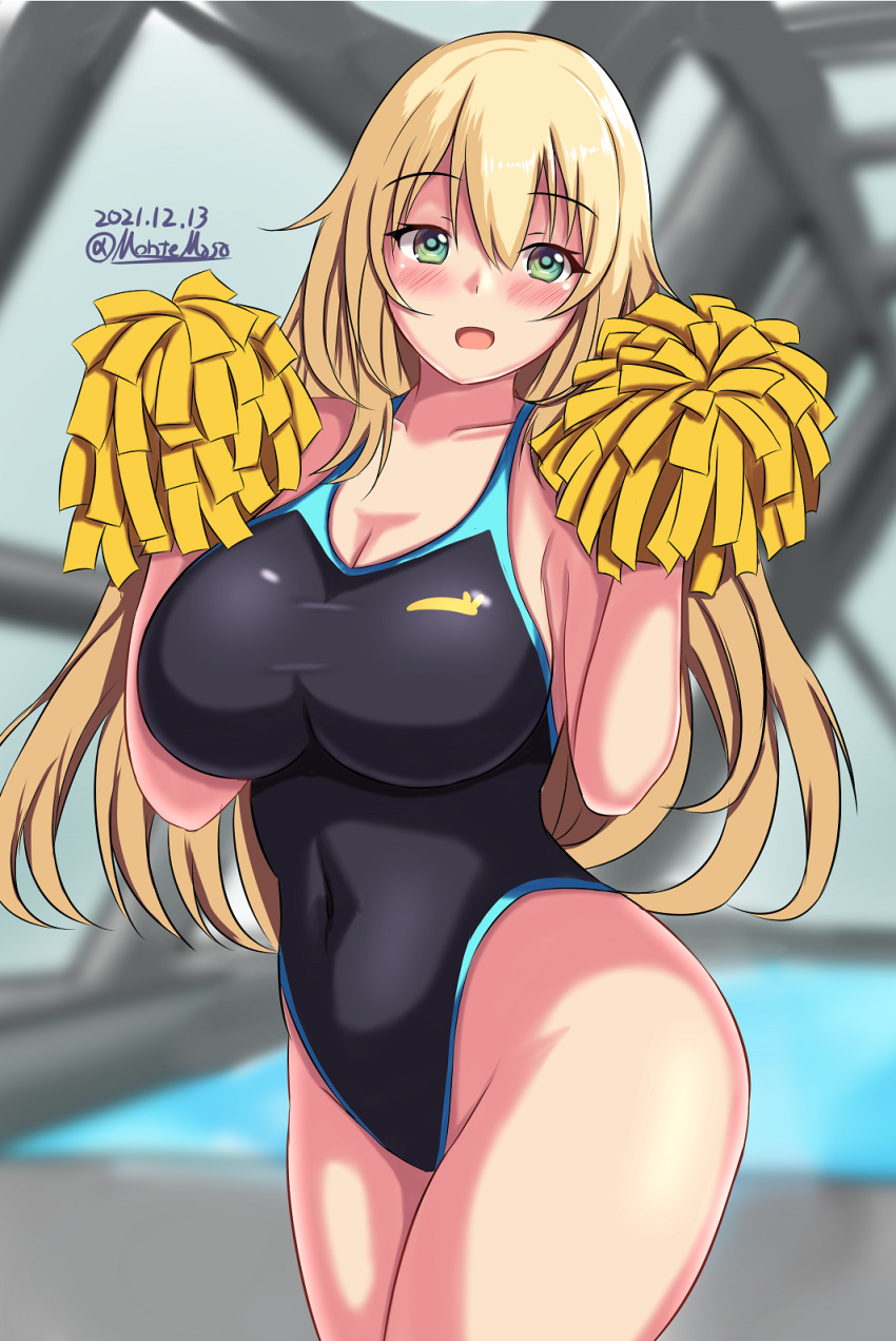 1girl alternate_costume atago_(kancolle) black_swimsuit blonde_hair breasts collarbone competition_swimsuit covered_navel green_eyes highleg highleg_swimsuit highres holding holding_pom_poms kantai_collection large_breasts long_hair montemasa one-piece_swimsuit pom_pom_(cheerleading) pool poolside rei_no_pool solo swimsuit