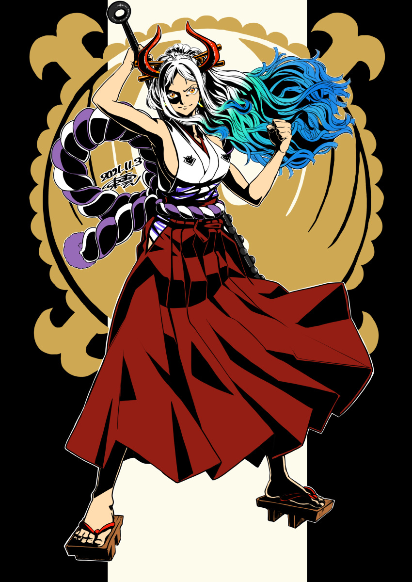 &gt;:) 1girl absurdres ahoge arm_up bare_arms bare_shoulders blue_hair breasts clenched_hand closed_mouth club_(weapon) curled_horns dated floating_hair full_body geta green_hair hair_ornament hair_stick hakama hakama_skirt hand_up high_contrast highres hip_vent holding holding_weapon horns japanese_clothes kanabou kimono large_breasts legs_apart long_hair looking_at_viewer multicolored_hair one_piece orange_eyes over_shoulder red_hakama red_horns rope shimenawa shinonome_(7566ani) sideboob signature skirt sleeveless sleeveless_kimono smile solo spiked_club standing toes v-shaped_eyebrows very_long_hair weapon weapon_over_shoulder white_hair yamato_(one_piece)