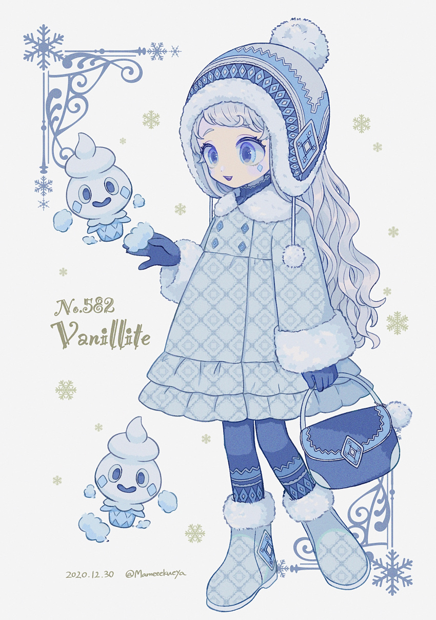 1girl absurdres artist_name bag bangs blue_eyes blue_legwear boots character_name coat creature_and_personification dated eyelashes full_body fur-trimmed_boots fur-trimmed_coat fur_trim gloves hand_up highres holding leggings long_hair long_sleeves mameeekueya personification pokemon pokemon_(creature) smile snowflakes vanillite wavy_hair