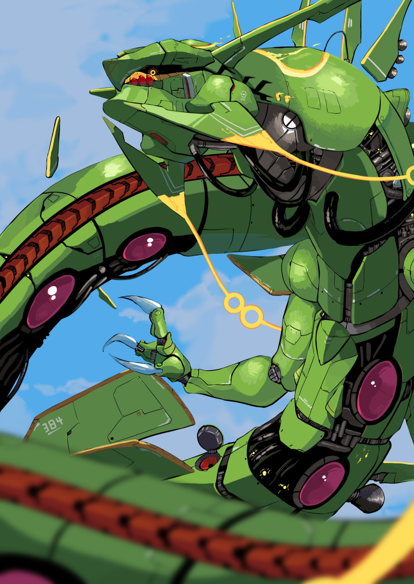absurdres blurry claws clouds commentary commission depth_of_field flying highres mecha mechanization no_humans pokemon pokemon_(creature) rayquaza second-party_source skeb_commission sky tube yellow_eyes yunimaru