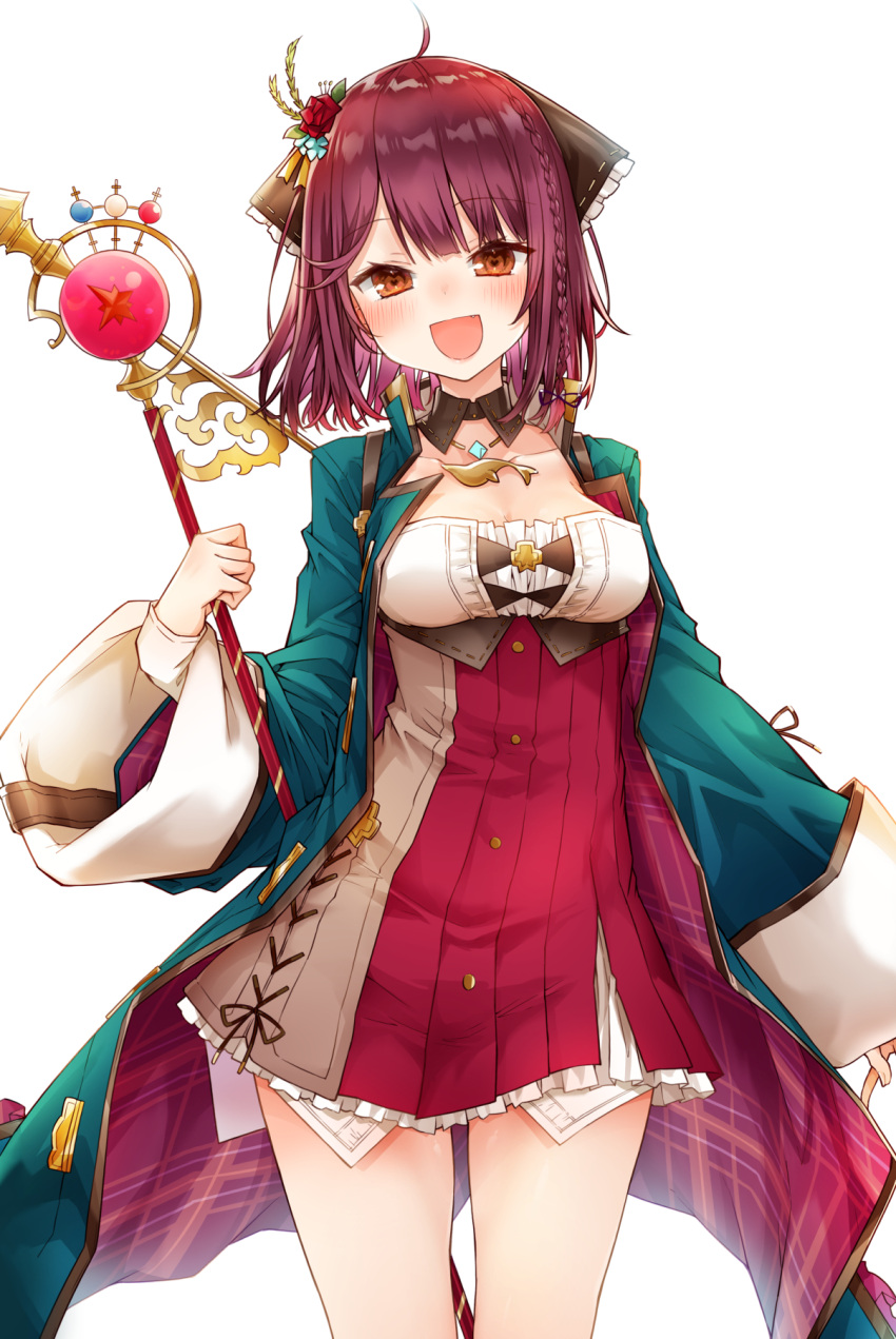 1girl :d alt_(ctrldel) atelier_(series) atelier_sophie black_ribbon blue_coat blush braid breasts brown_eyes brown_hair coat collarbone cowboy_shot detached_collar dress flower hair_flower hair_ornament hair_ribbon heart heart-shaped_pupils highres holding holding_staff looking_at_viewer medium_breasts open_mouth plaid pleated_dress red_dress ribbon short_hair side_braid smile solo sophie_neuenmuller staff standing symbol-shaped_pupils white_background