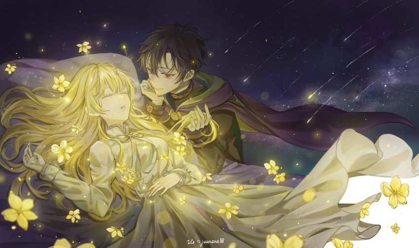 1boy 1girl absurdres artist_name aruhi_ohimesama_ni_natteshimatta_ken_ni_tsuite athanasia_de_alger_obelia bangs bed_sheet black_hair blonde_hair bow bowtie breasts cape closed_eyes cowboy_shot dress elbow_rest eyelashes glowing_flower hand_on_own_chin hand_on_own_stomach head_rest highres holding_another's_hair juanone88 light_particles long_hair long_sleeves looking_at_another lucas_(aruhi_ohimesama_ni_natteshimatta_ken_ni_tsuite) lying mole mole_under_eye night night_sky on_back on_bed parted_lips red_eyes shooting_star short_hair sidelocks sky sleepwear smile straight_hair white_bow white_bowtie white_dress