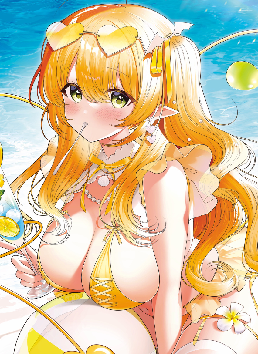 1girl absurdres ahoge ball bangs bare_shoulders beachball bikini blonde_hair blush breasts commentary_request cup day eyebrows_visible_through_hair eyewear_on_head flower green_eyes hair_between_eyes hair_ribbon heart heart-shaped_eyewear highres holding holding_cup large_breasts long_hair looking_at_viewer melonbooks original outdoors pointy_ears pomu_(pomu_me) ribbon solo spoon sunglasses swimsuit tinted_eyewear two_side_up utensil_in_mouth very_long_hair water white_flower yellow-tinted_eyewear yellow_bikini yellow_ribbon