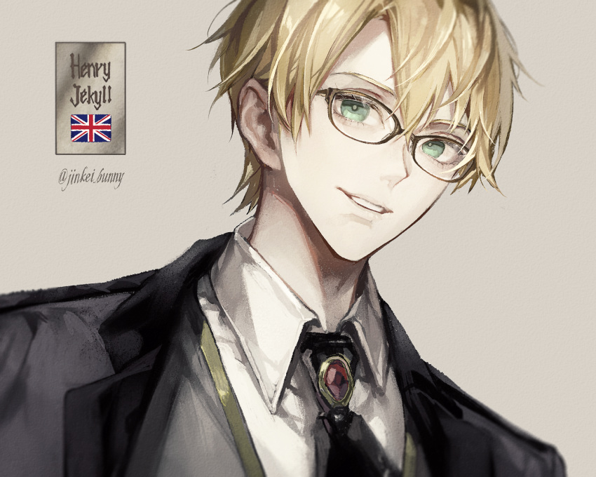 1boy bangs blonde_hair collar collared_shirt fate/grand_order fate_(series) glasses green_eyes hair_between_eyes highres jekyll_and_hyde_(fate) koshika_rina looking_at_viewer male_focus necktie open_mouth shirt short_hair smile waistcoat white_shirt