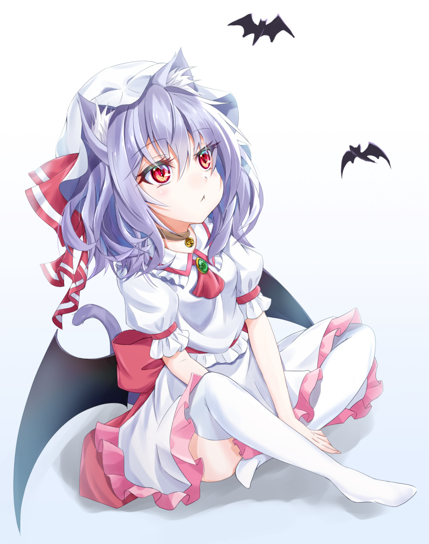 1girl :&lt; animal_ear_fluff animal_ears arms_between_legs ascot bat bat_wings bell between_legs black_wings cat_ears cat_tail closed_mouth collar collared_shirt eyebrows_visible_through_hair frilled_shirt frilled_shirt_collar frilled_skirt frills green_brooch hair_between_eyes hand_between_legs hat hat_ribbon highres kemonomimi_mode looking_up mob_cap neck_bell no_shoes puffy_short_sleeves puffy_sleeves purple_hair purple_tail red_ascot red_eyes remilia_scarlet ribbon s_vileblood shirt short_sleeves sitting skirt solo tail thigh-highs touhou white_headwear white_legwear white_shirt white_skirt wings