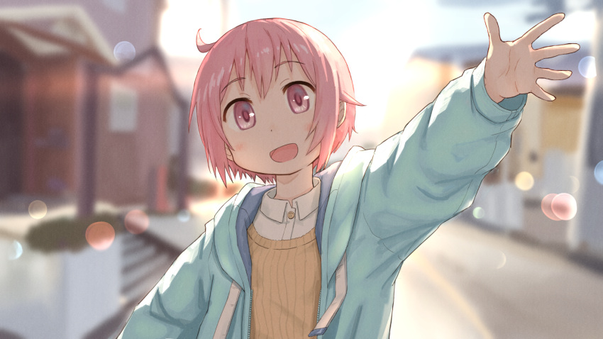 1girl :d blue_jacket blurry blurry_background brown_sweater collared_shirt commentary_request day depth_of_field drawstring dress_shirt hood hood_down hooded_jacket jacket looking_at_viewer nonohara_yuzuko open_clothes open_jacket outdoors outstretched_arm pink_hair ribbed_sweater shirt smile solo sweater umiroku upper_body violet_eyes white_shirt yuyushiki