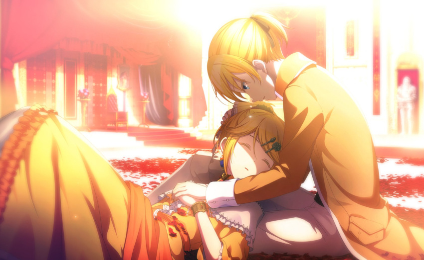 aku_no_meshitsukai_(vocaloid) blonde_hair blue_eyes butler closed_eyes evillious_nendaiki flower from_side hair_ornament hairclip highres holding_hands lap_pillow lying official_art on_back parted_lips petals project_sekai rose rose_petals shading siblings sitting tears vocaloid