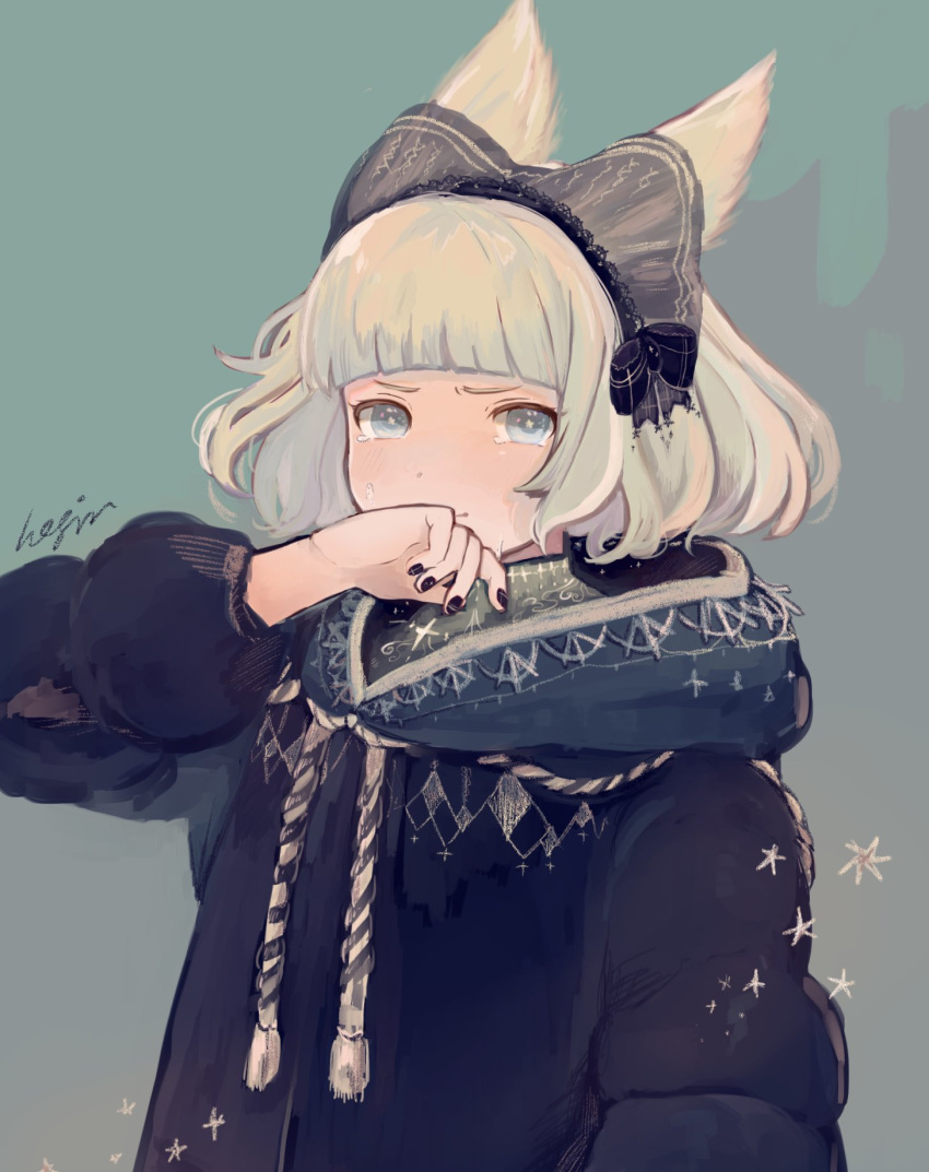 1girl animal_ears bangs black_nails blonde_hair blue_eyes blunt_bangs closed_mouth cropped cross crying crying_with_eyes_open fingernails highres hood hood_down looking_at_viewer oleoleolle original see-through short_hair signature solo sparkle star-shaped_pupils star_(symbol) symbol-shaped_pupils tears turtleneck upper_body winter_clothes