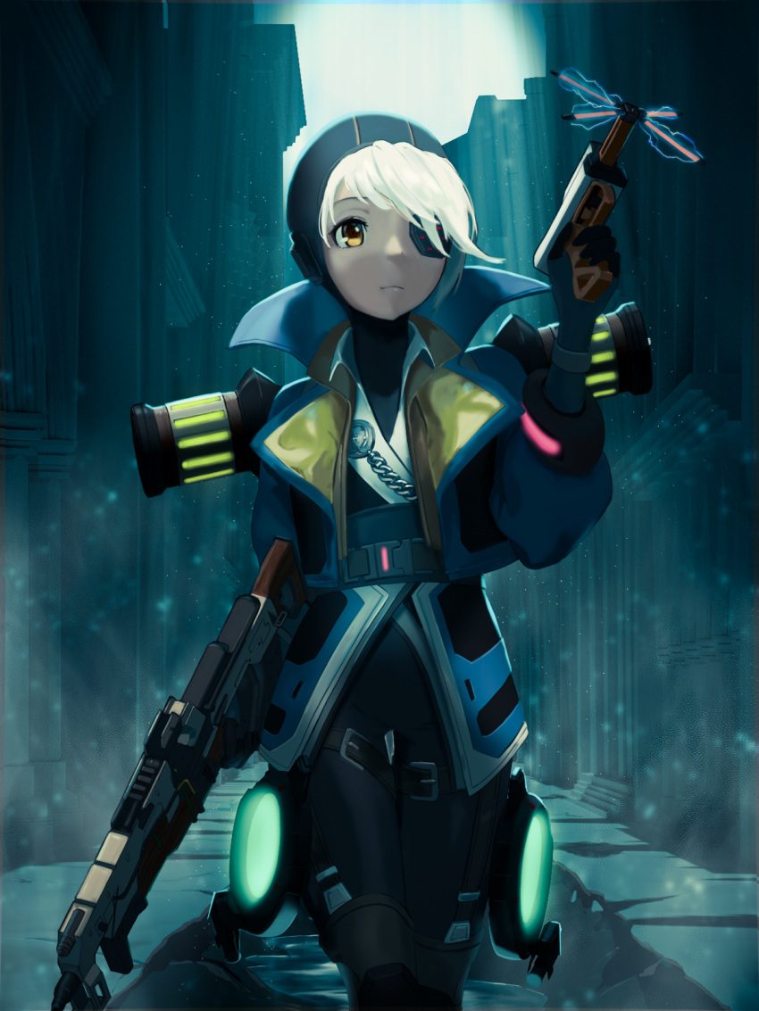 1girl animification apex_legends assault_rifle bangs black_bodysuit black_eyepatch black_headwear blue_jacket bodysuit brown_eyes dangoyan deep_current_wattson eyepatch gun highres holding holding_gun holding_weapon jacket one_eye_covered rifle smile solo taser thigh_strap vk-47_flatline walking wattson_(apex_legends) weapon white_hair