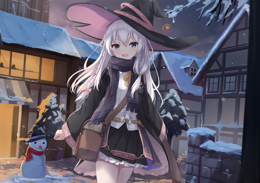 1girl :d bag bangs black_headwear black_skirt blush bow bowtie braid brooch commentary cowboy_shot dot_nose elaina_(majo_no_tabitabi) eyebrows_visible_through_hair frilled_skirt frills grey_scarf hair_between_eyes hair_bow hat highres jewelry long_hair long_sleeves looking_at_viewer majo_no_tabitabi night outdoors pink_bow plaid plaid_scarf pleated_skirt red_scarf scarf scroll shirt silver_hair single_braid skirt smile snow snowman solo standing touhourh violet_eyes white_shirt winter witch_hat yellow_bow yellow_bowtie