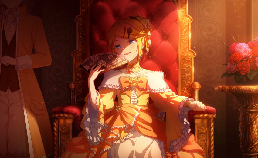 aku_no_musume_(vocaloid) blonde_hair blue_eyes dress evillious_nendaiki flower frilled_sleeves frills hair_ornament hairclip hand_fan highres holding holding_fan indoors kagamine_len kagamine_rin looking_at_viewer off-shoulder_dress off_shoulder official_art project_sekai ribbon siblings smirk solo_focus throne vocaloid