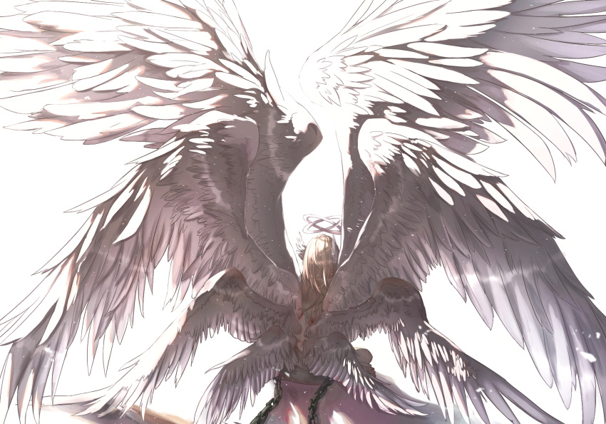 1girl angel angel_wings back bangs barefoot bleeding blonde_hair blood bound bound_legs commentary_request cuffs facing_away feather_hair_ornament feathered_wings feathers hair_ornament halo harpy highres large_wings long_hair lucy_(rusi-juren328) monster_girl multiple_wings original shackles shoulder_blades simple_background sitting solo wariza white_background white_wings wings